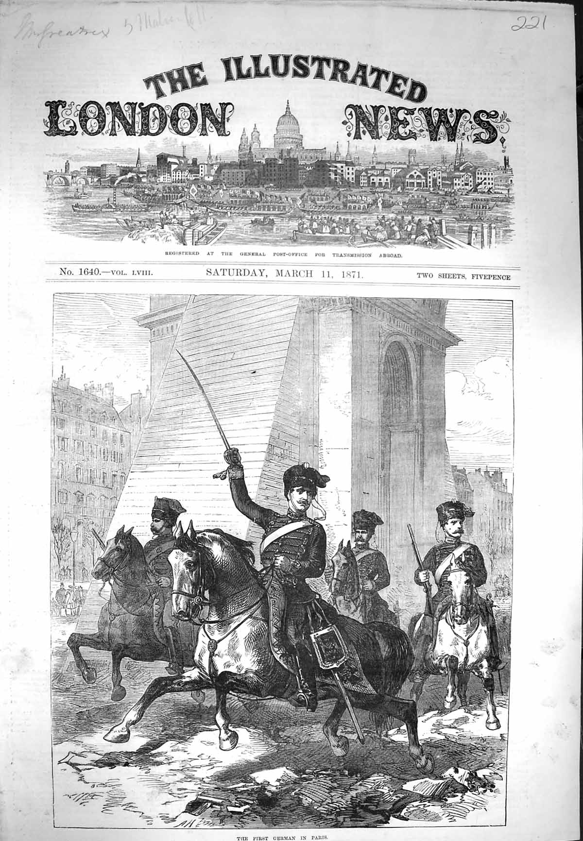 Original Old Antique Print 1871 Entry First German Siers Paris France War 19th