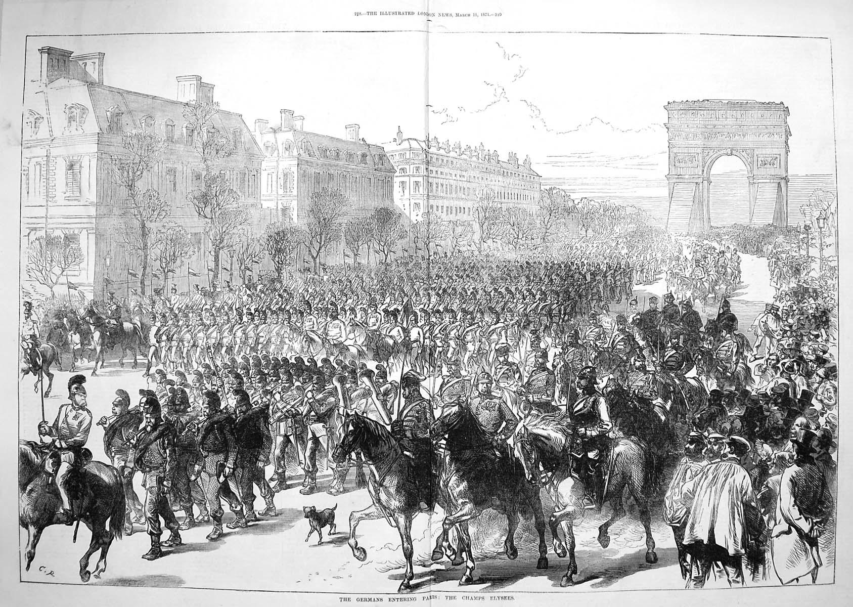 Original Old Antique Print 1871 German Siers Paris Champs Elysees France War