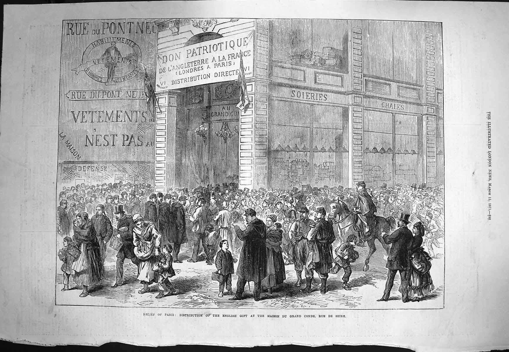 Old Antique Print 1871 Paris Distribution English Gift Maison Conde Seine 19th