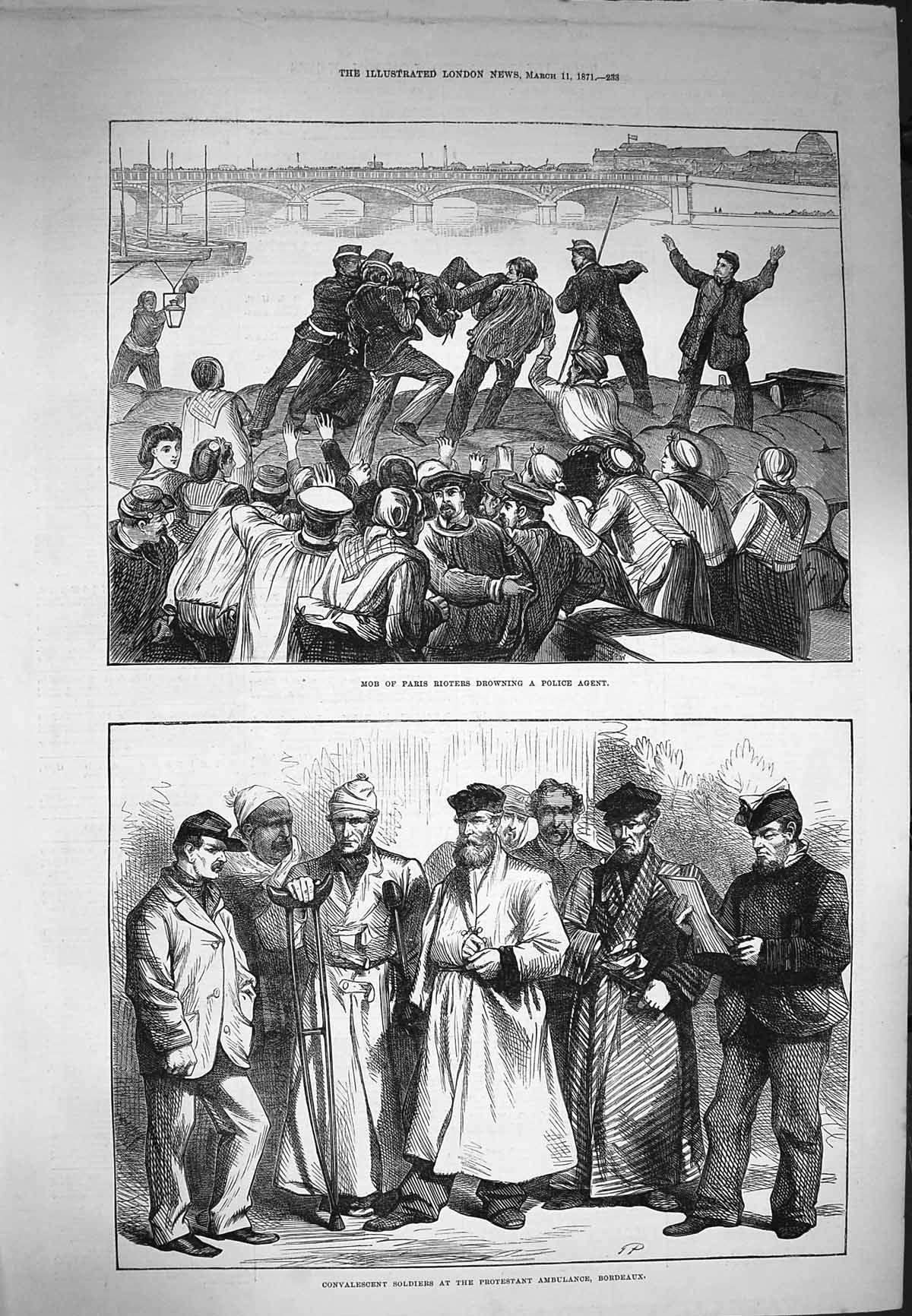 Old Antique Print 1871 Mob Paris Rioters Drowning Police Agent Bordeaux 19th