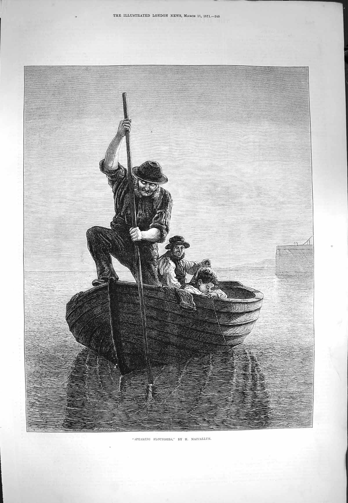 Original Old Antique Print 1871 Man Fishing Boat Spearing Flounders Fine Art
