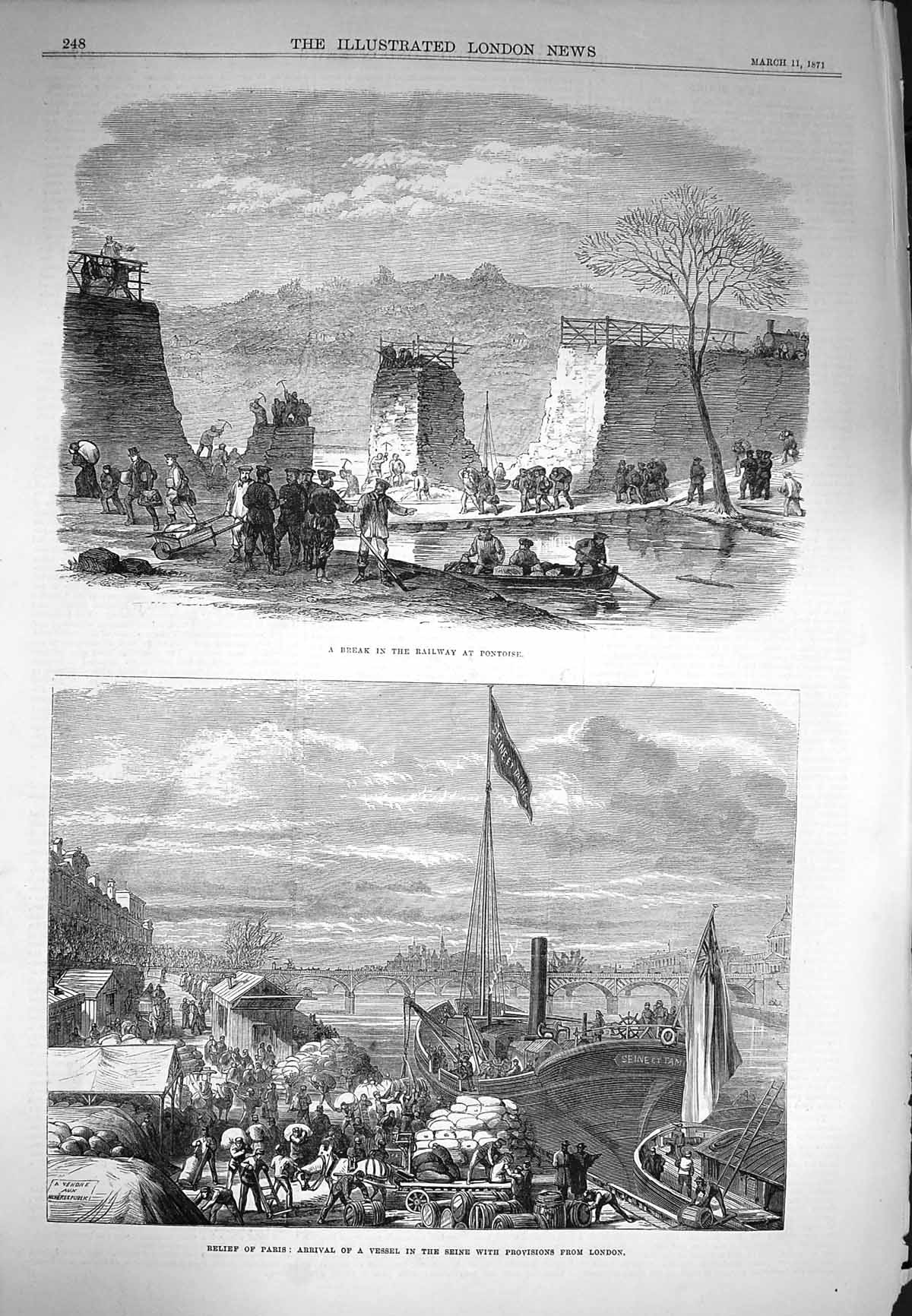 Old Antique Print 1871 Railway Track Pntoise Paris Ship Provisions London 19th