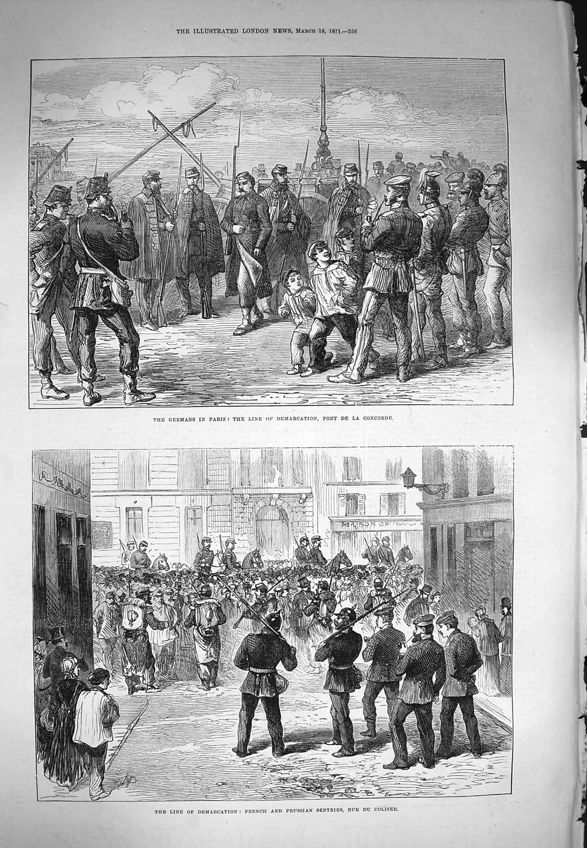 Original Old Antique Print 1871 French Prussian Sentries Rue Colisee Paris Sier