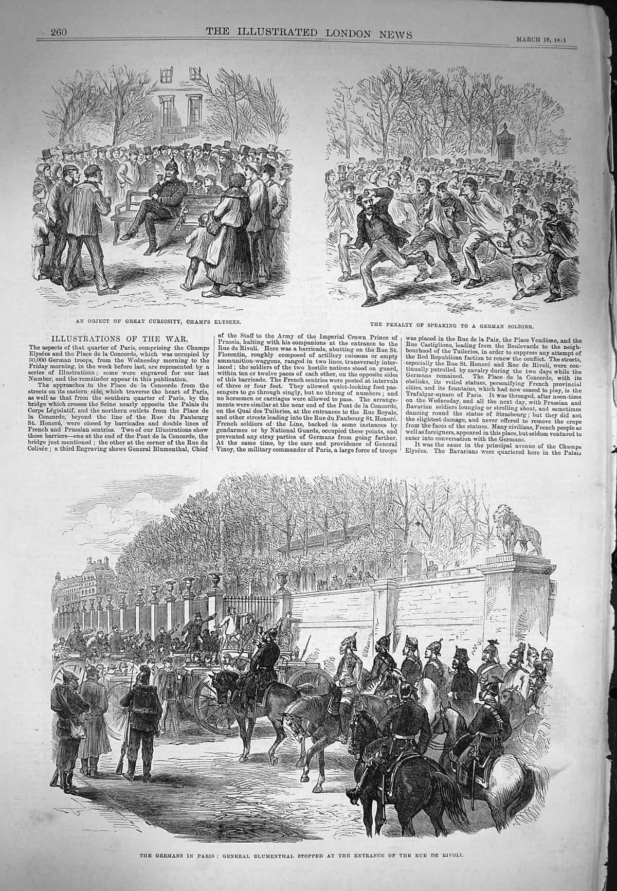 Old Antique Print 1871 General Blumenthal Rue Rivoli Champs Elysees War 19th