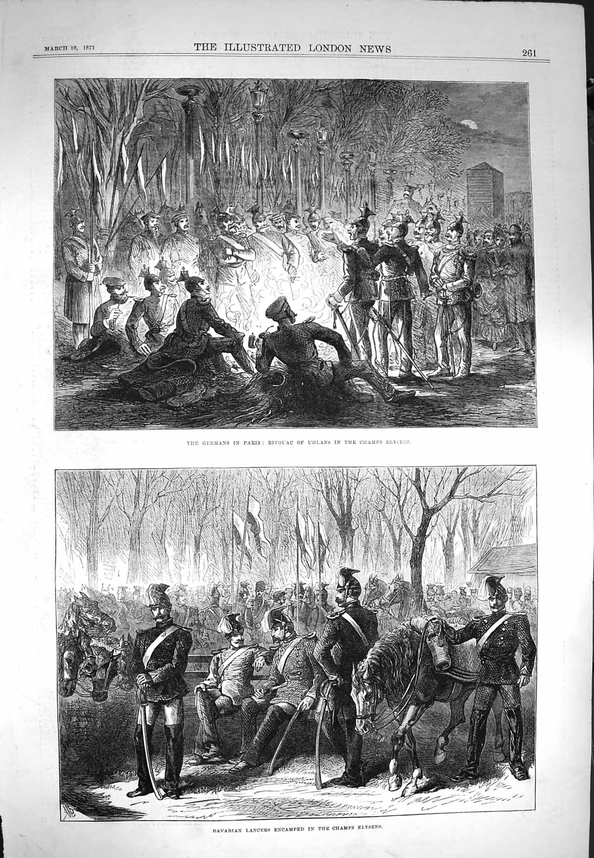 Original Old Antique Print 1871 Siers Paris Uhlans Elysees Bavarian Lancers War