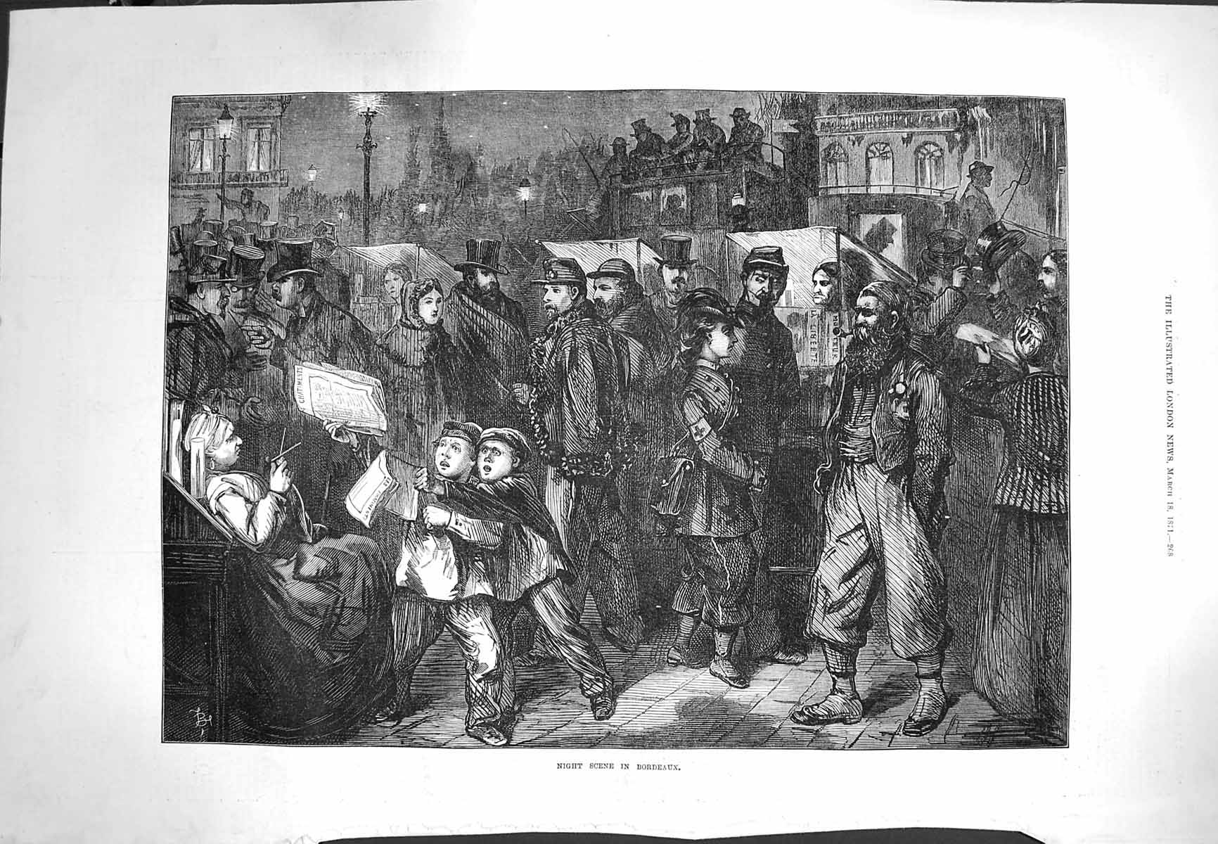 Original Old Antique Print 1871 Night Scene Bordeaux France Policemen People