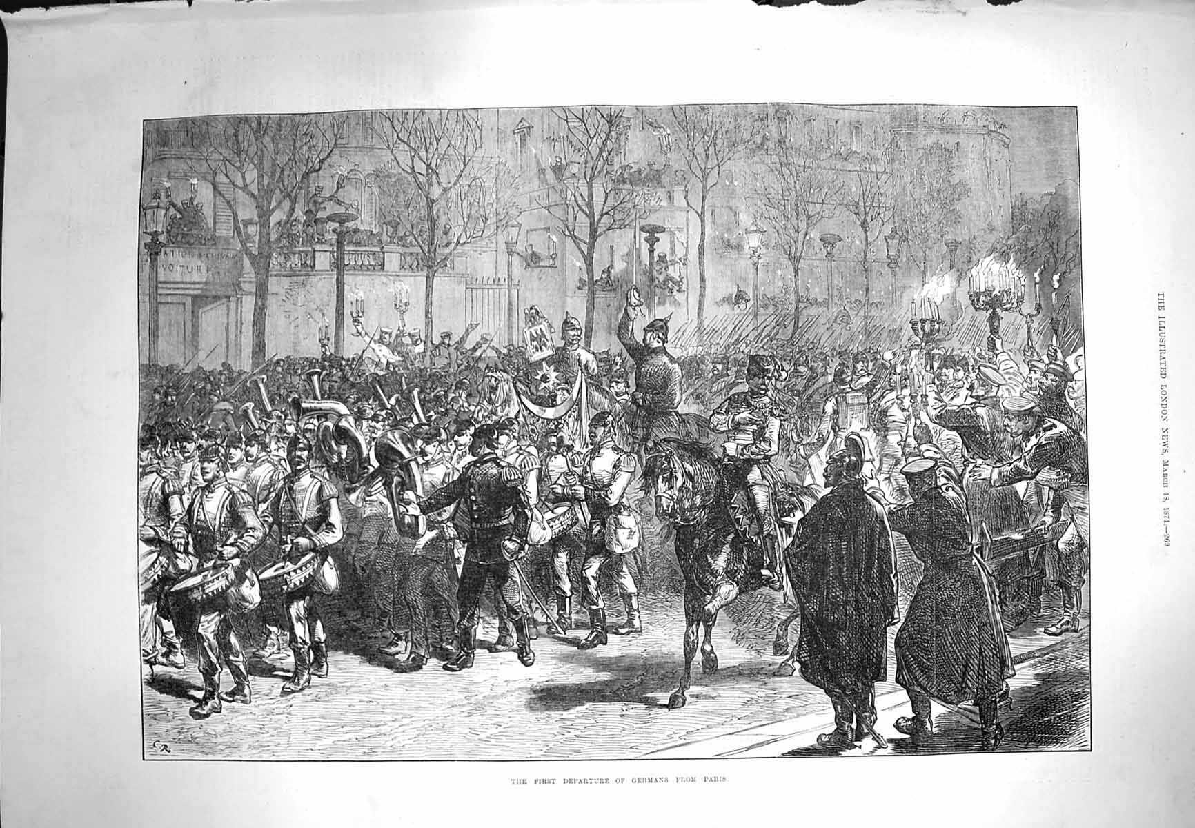 Original Old Antique Print 1871 Scene First Departure Germans Paris France 19th