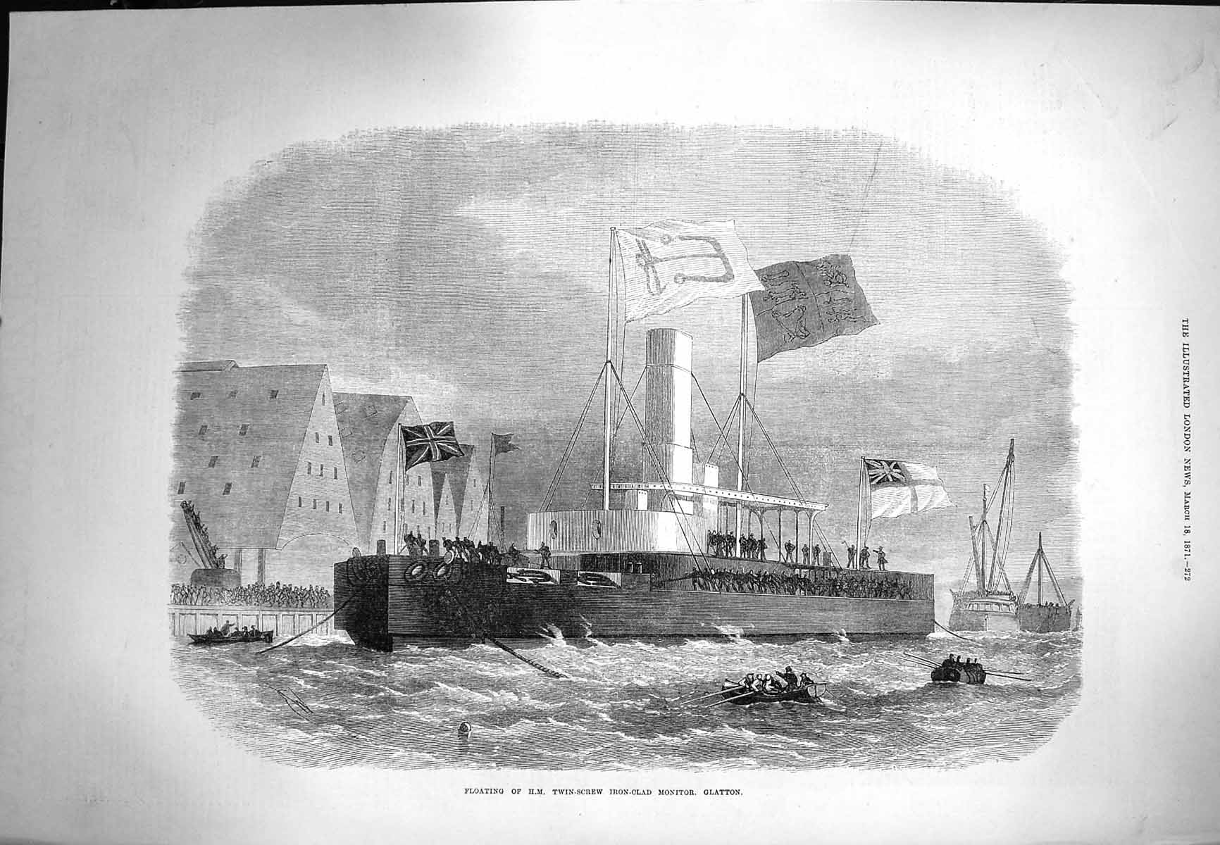 Original Old Antique Print 1871 H.M. Twin Screw Iron-Clad Ship Monitor Glatton