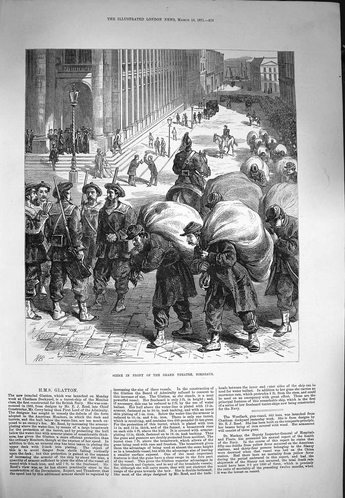Original Old Antique Print 1871 Scene Front Grand Theatre Bordeaux France 19th