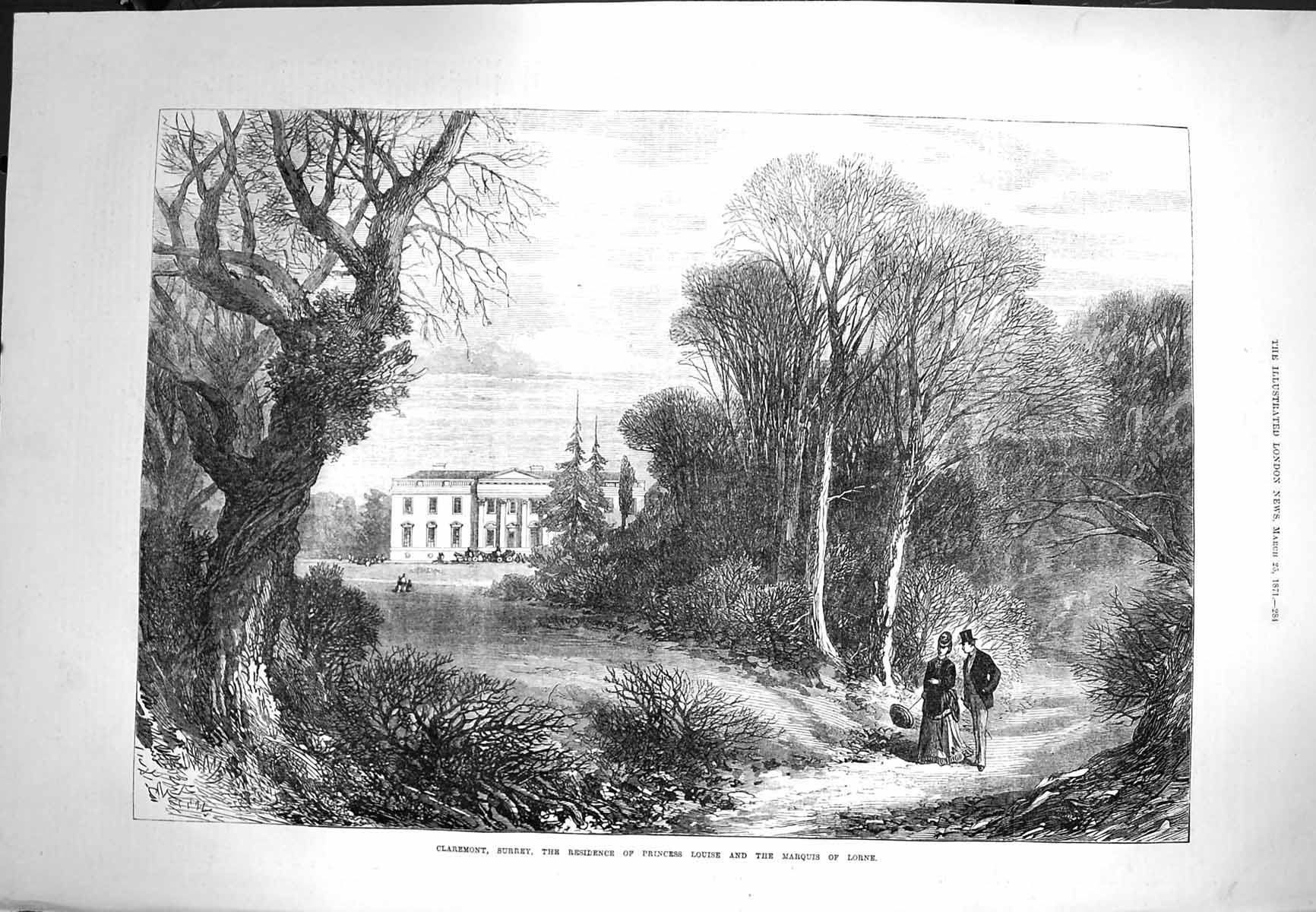 Antique Old Print *3967 1871 Claremont Surrey Princess Louise Marquis Lorne