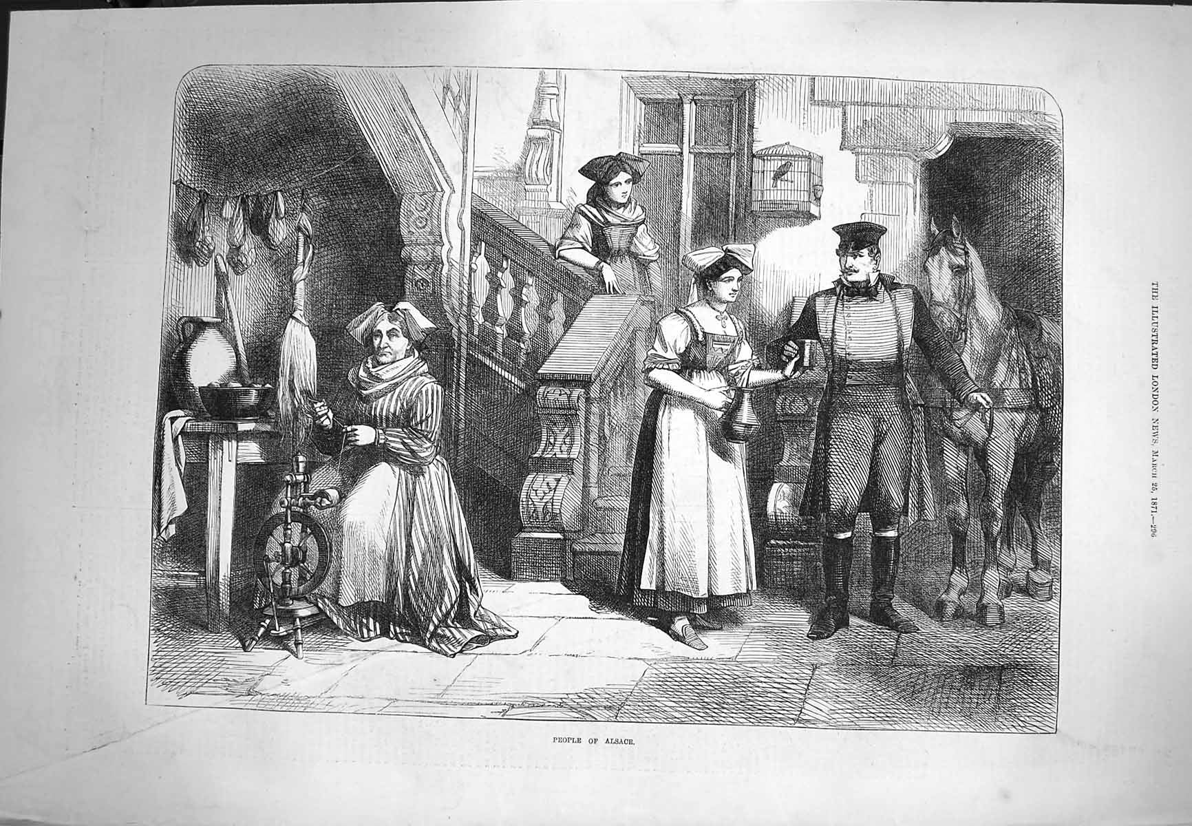 Original Old Antique Print 1871 Scene People Alsace Spinning Wheel Horse Man