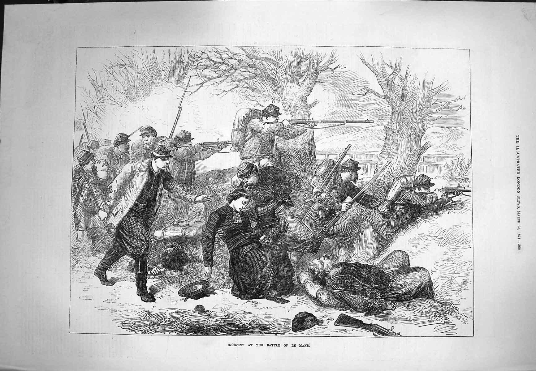 Original Old Antique Print 1871 Incident Battle Le Mans Siers Injured Lady Man