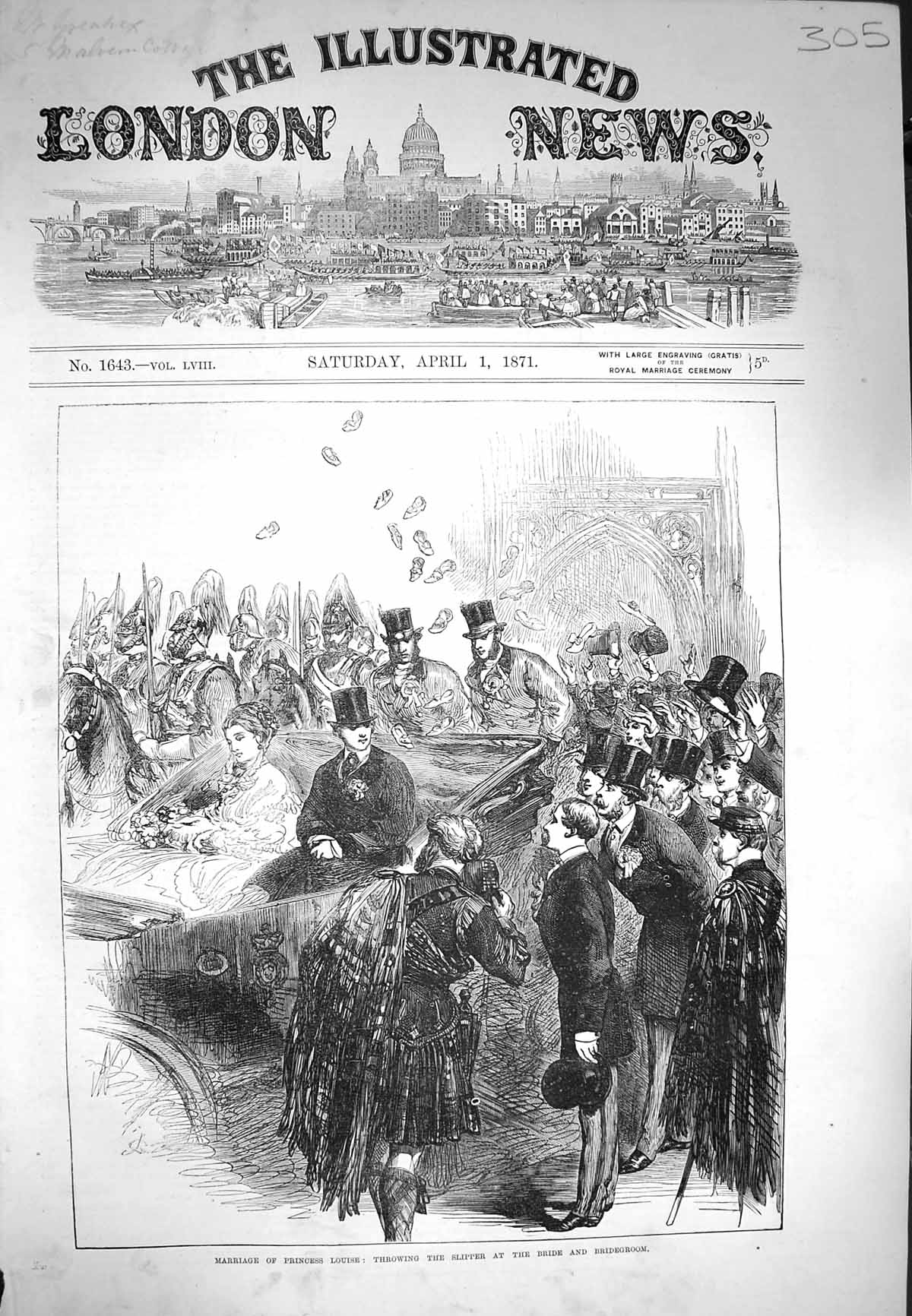 Original Old Antique Print 1871 Marriage Princess Louise Throwing Slipper Bride