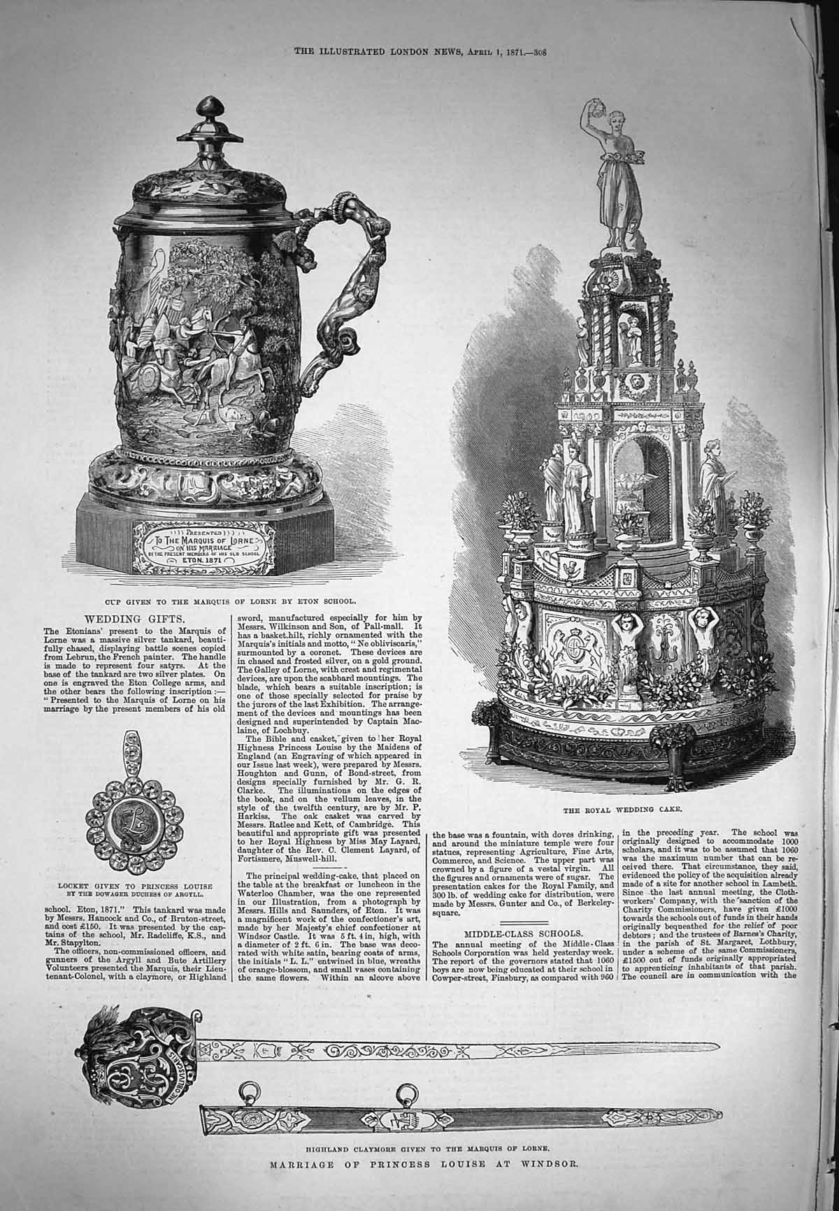 Original Old Antique Print 1871 Marriage Princess Louise Windsor Cake Claymore