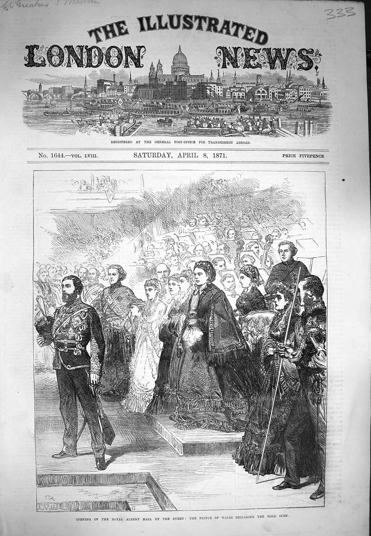 Original Old Antique Print 1871 Opening Royal Albert Hall Queen Princ Victorian