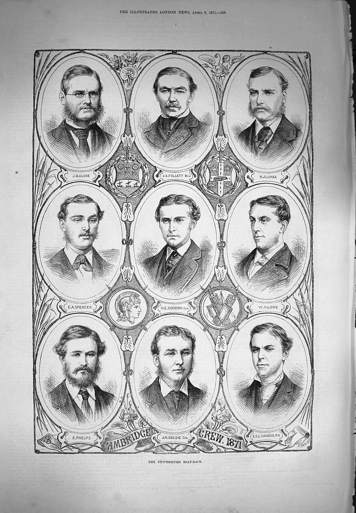 Original Old Antique Print 1871 Oxford Cambridge Boat Race Crew Cie Lesley Men