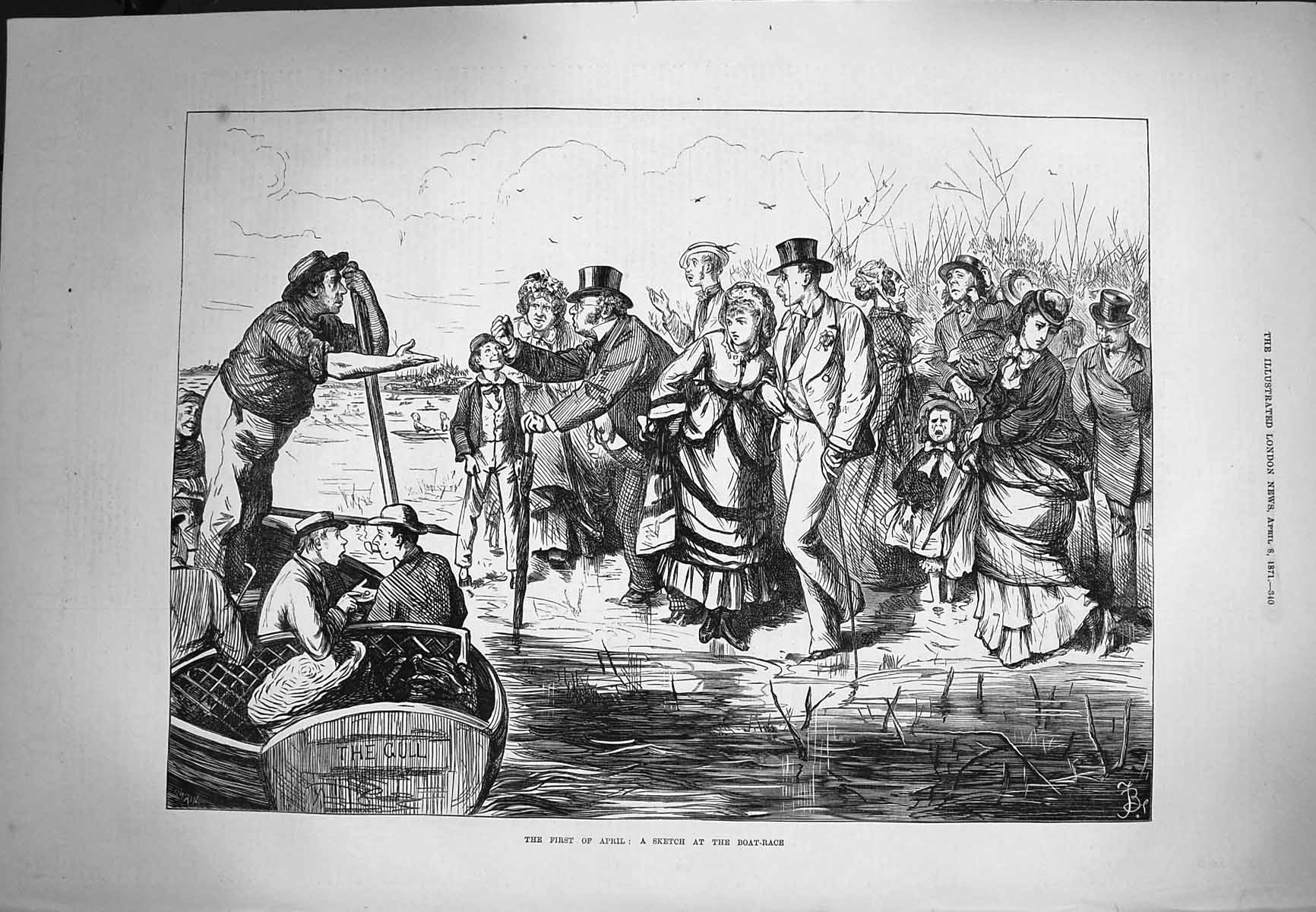 Original Old Antique Print 1871 April Scene Sketch Boat Race Sport Victorian