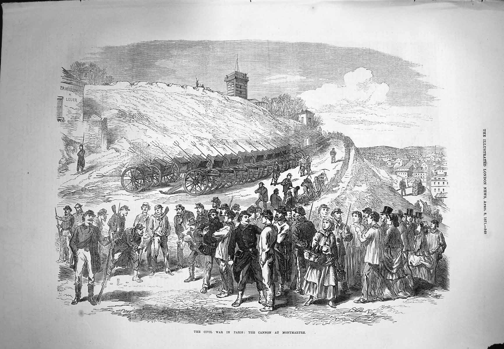 Original Old Antique Print 1871 Civil War Paris Cannon Montmartre Siers Weapons