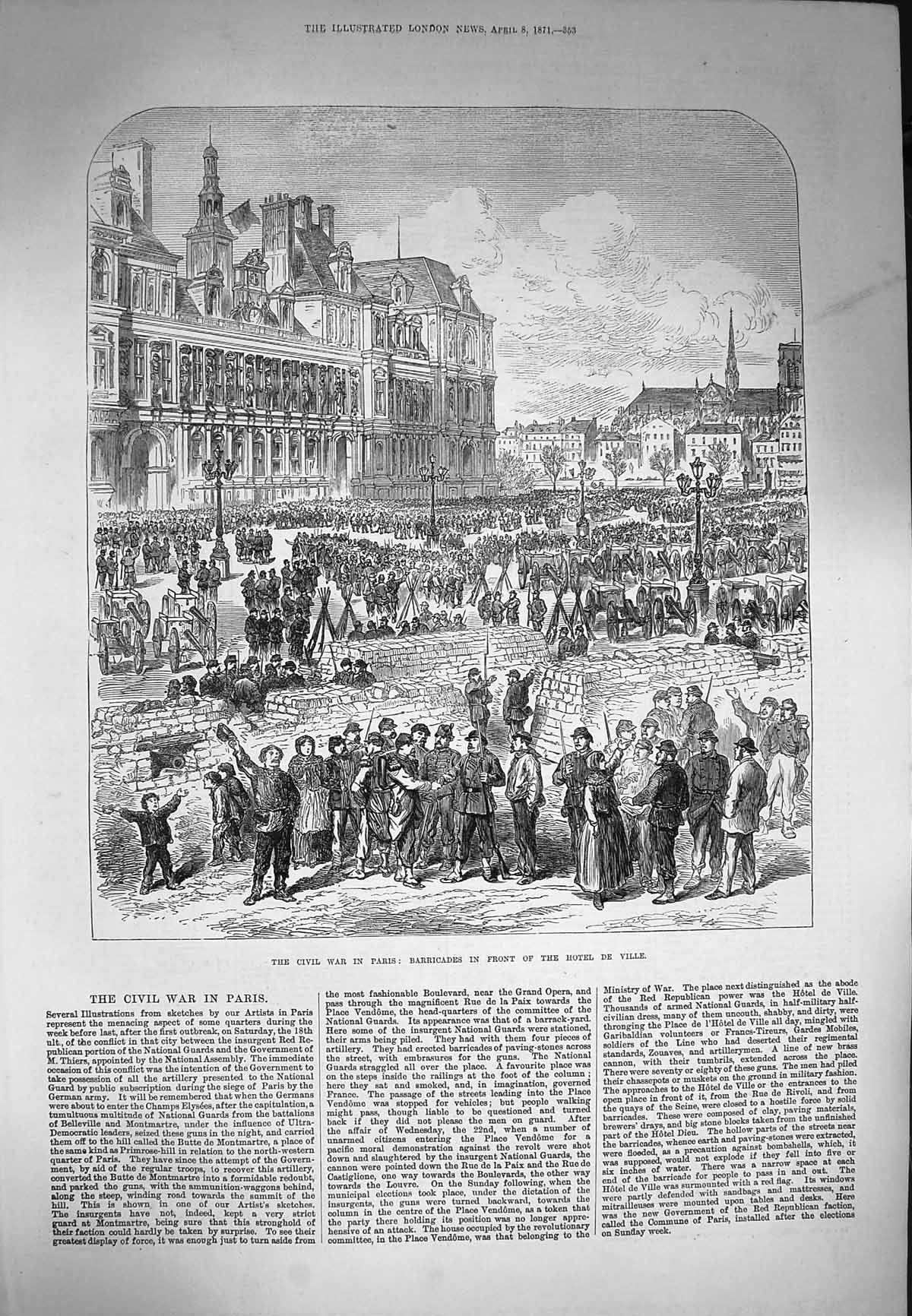 Original Old Antique Print 1871 Civil War Paris Barricades Front Hotel De Ville