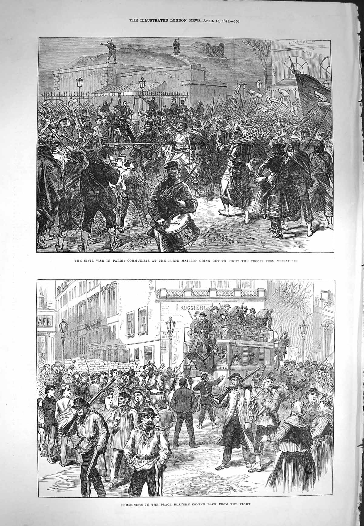 Original Old Antique Print 1871 Civil War Spain Porte Maillot Blanche Clichy