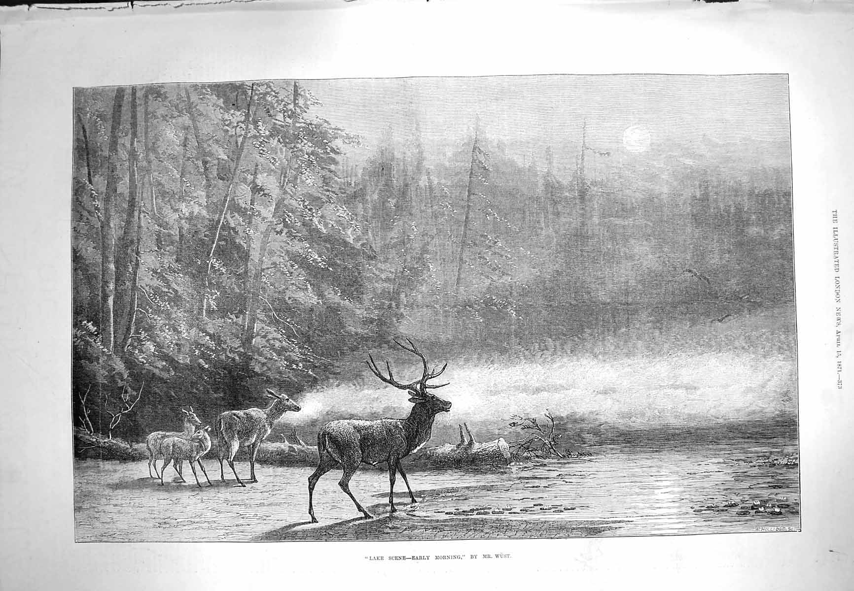 Original Old Antique Print 1871 Early Morning Lake Scne Stag Deer Nature 19th
