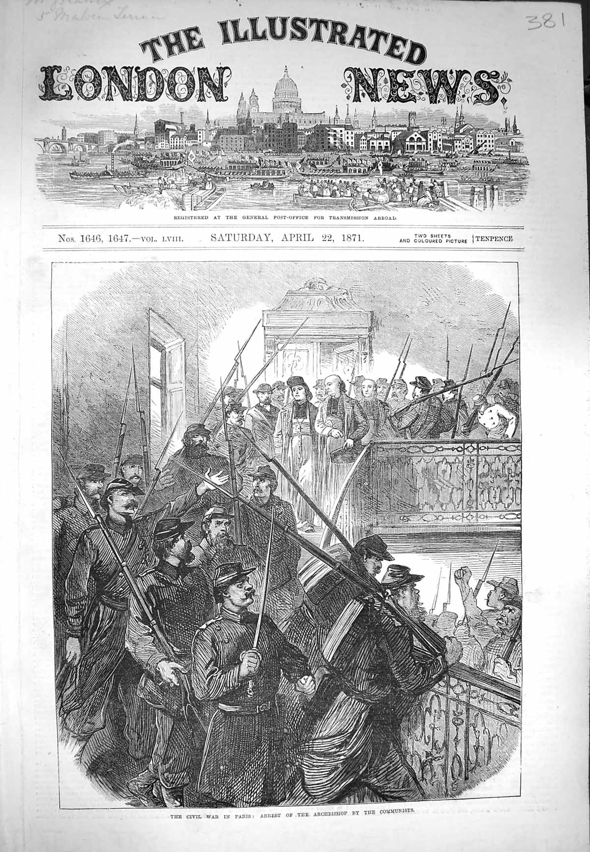 Original Old Antique Print 1871 Civil War Paris Arrest Archbishop Communists