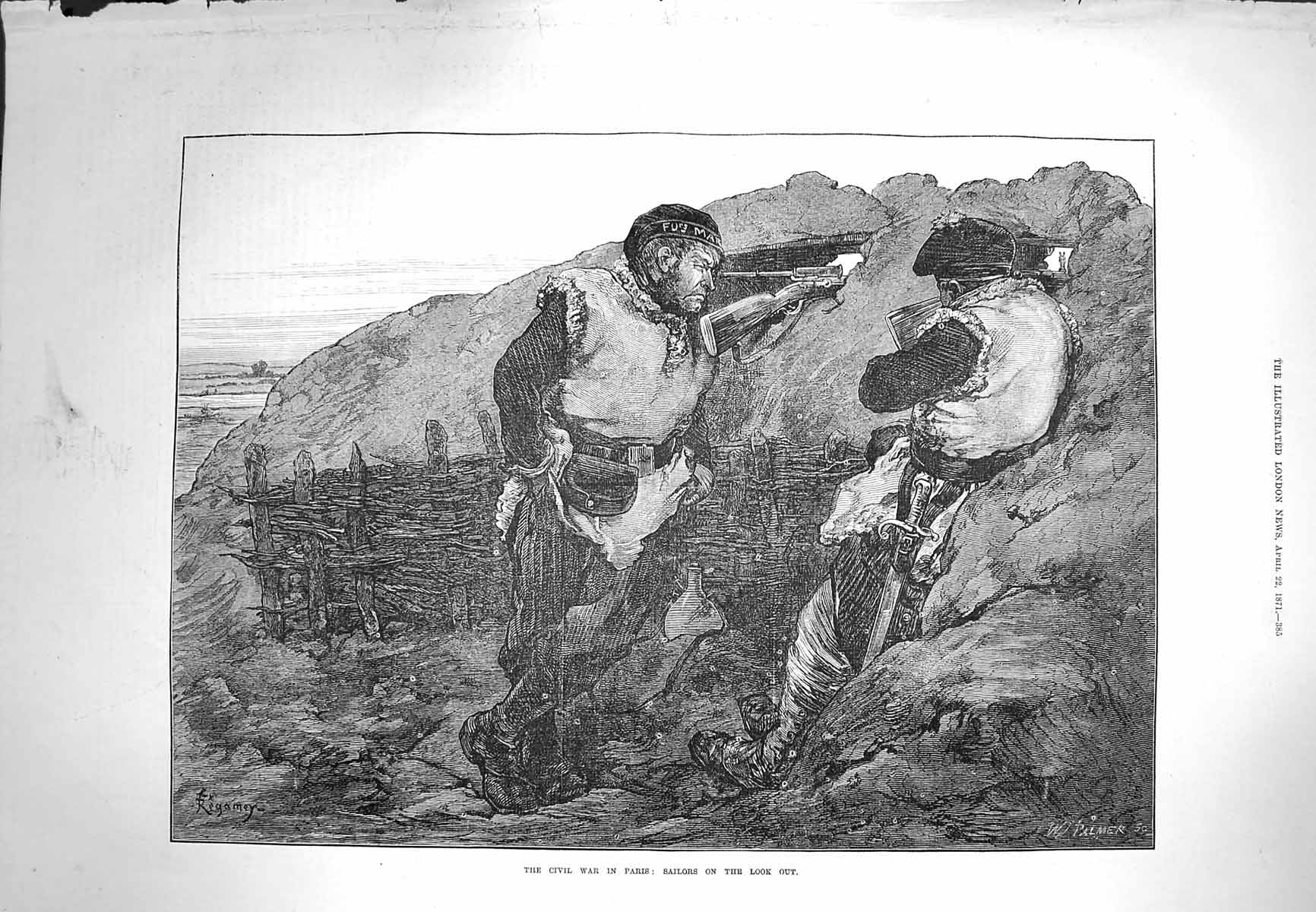 Original Old Antique Print 1871 Civil War Paris Sailors Look-Out Fine Art 19th
