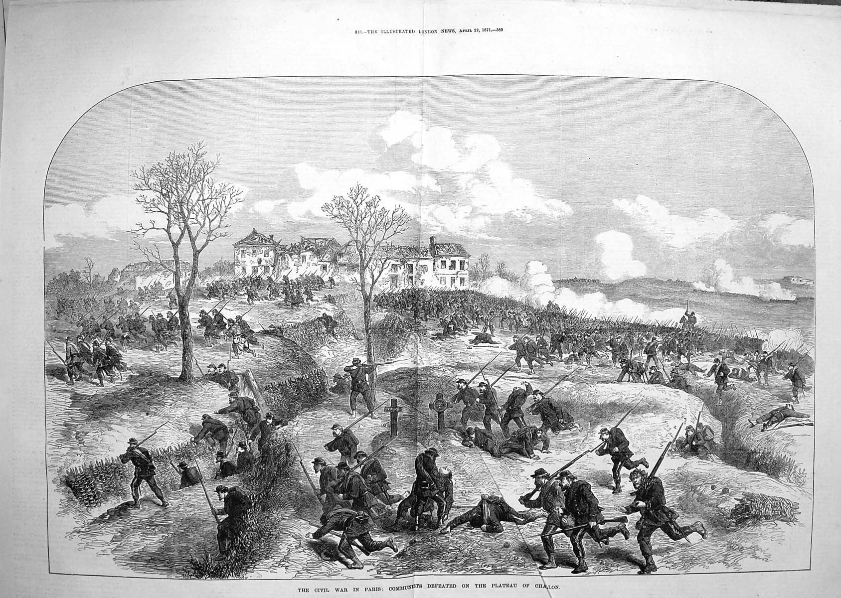 Original Old Antique Print 1871 Civil War Paris Communists Plateau Chatillon