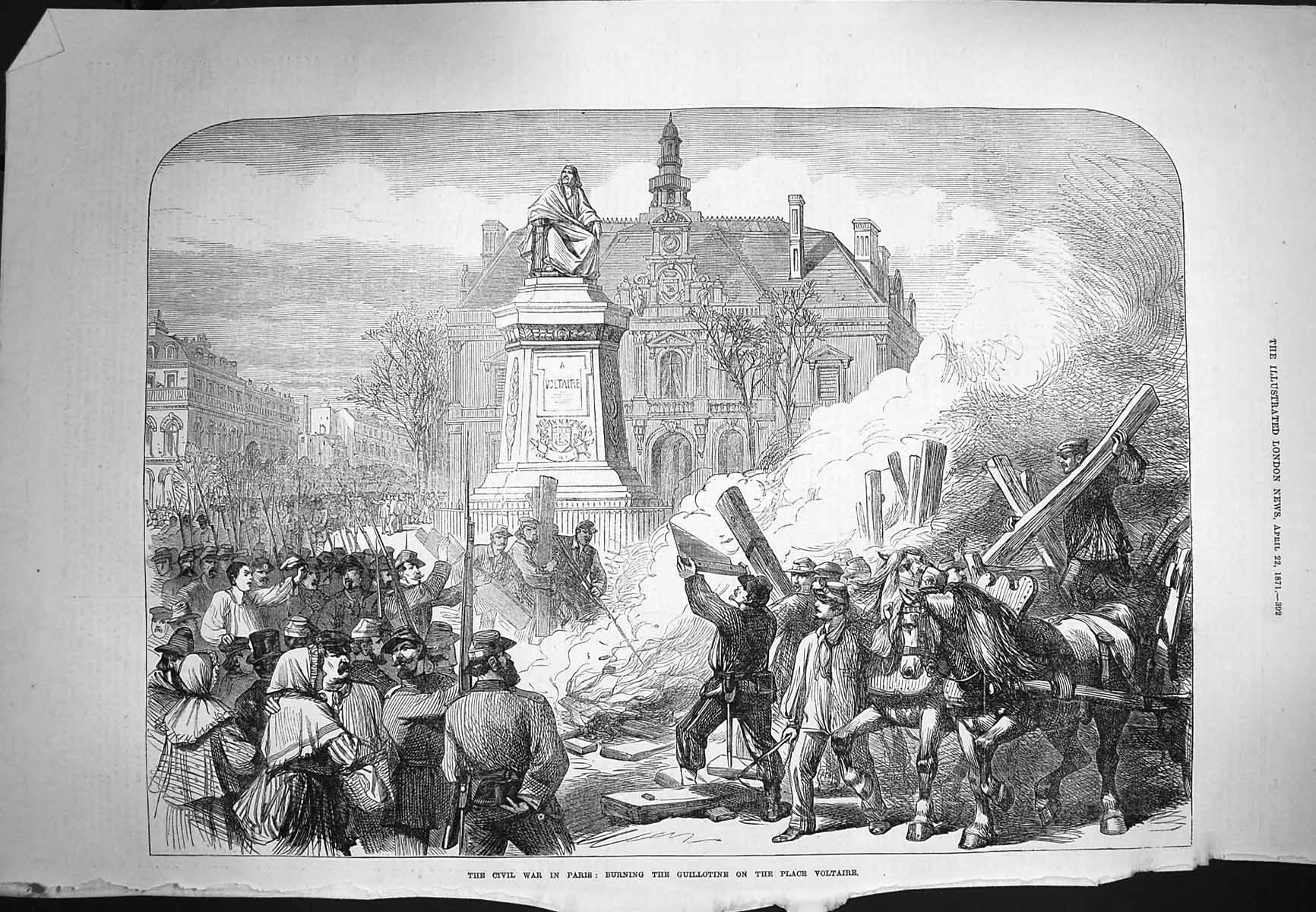 Old Antique Print 1871 Civil War Paris Burning Guillotine Place Voltaire 19th
