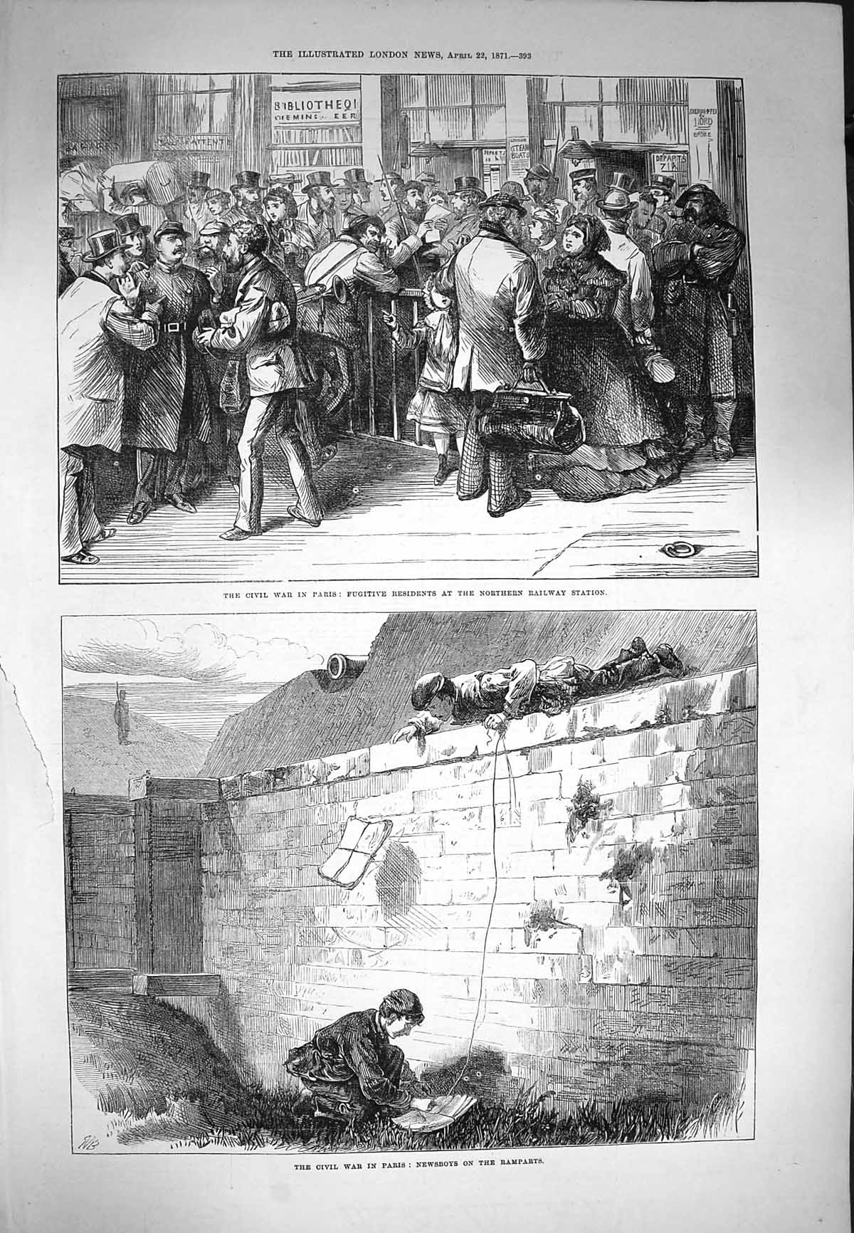 Old Antique Print 1871 Civil War Paris Railway Station Newsboys Ramparts 19th