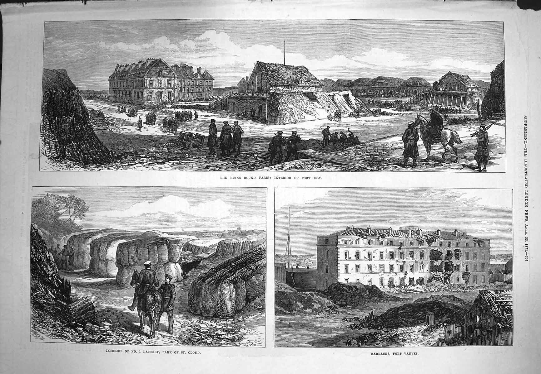 Old Antique Print 1871 Fort Issy Paris Battery Park Cloud Barracks Vanves 19th