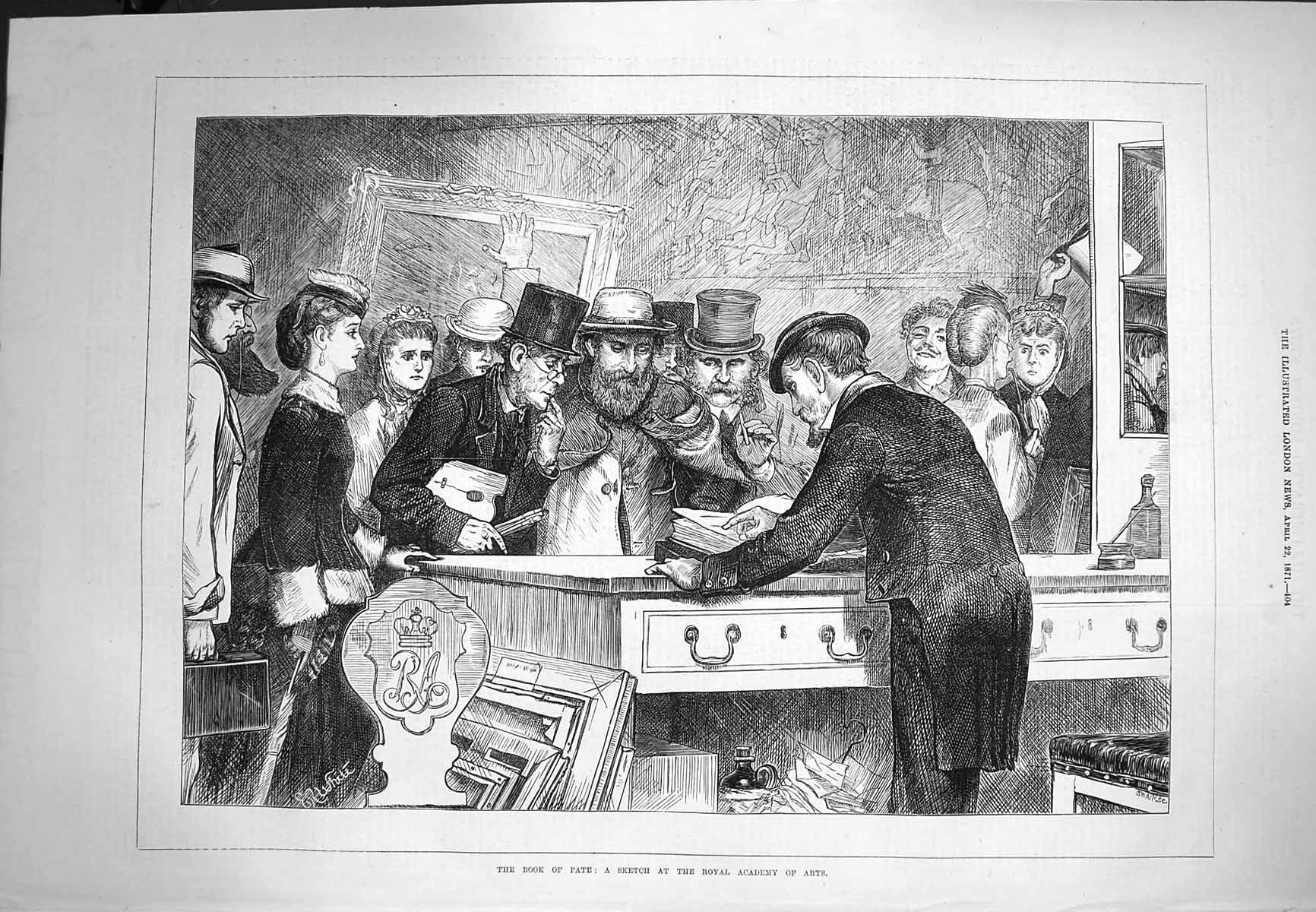 Original Old Antique Print 1871 Book Fate Scene Royal Academy Arts Men 19th