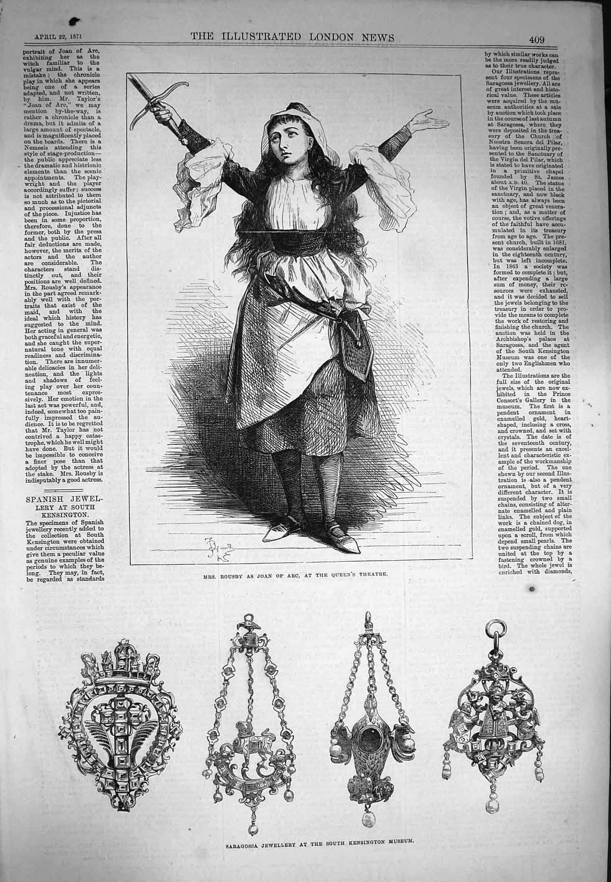 Old Antique Print 1871 Rousby Joan Arc Theatre Saragossa Jewellery Museum 19th