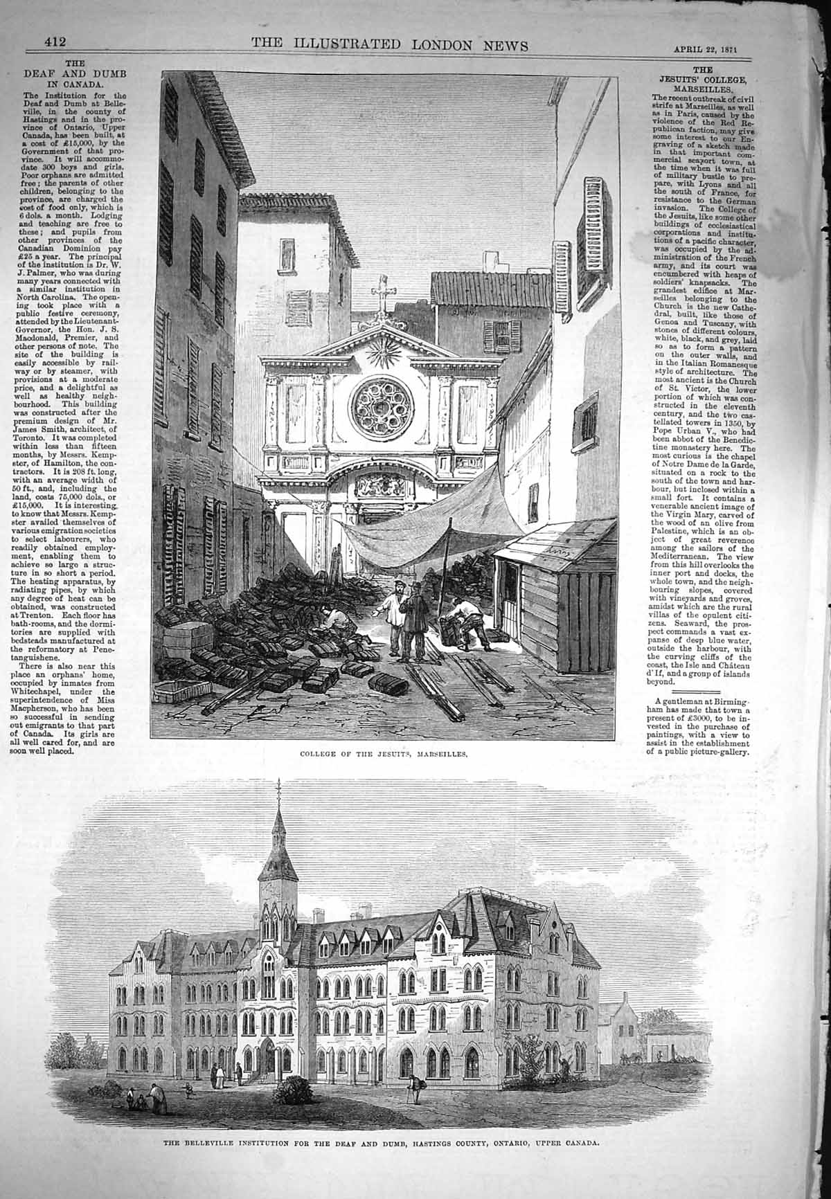 Original Old Antique Print 1871 College Jesuits Marseilles Deaf Dumb Ontario