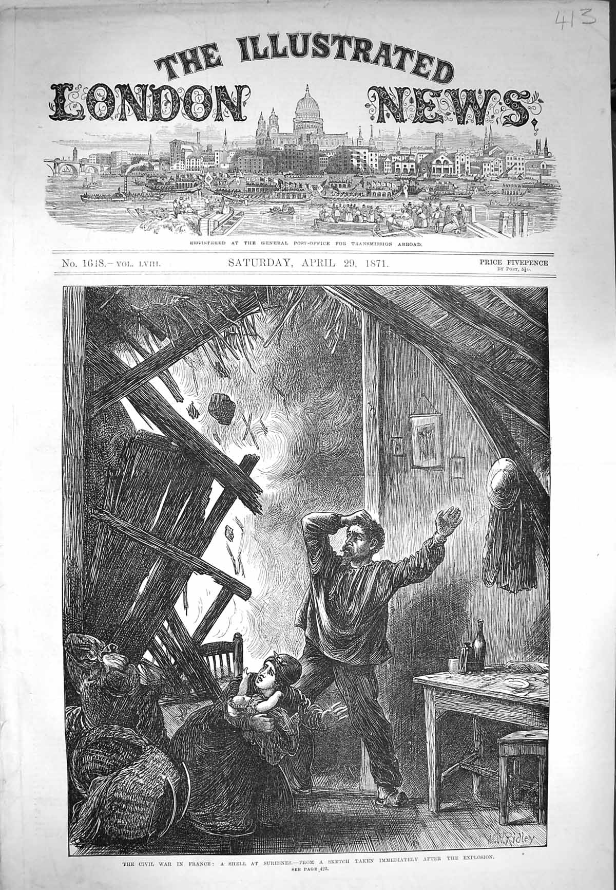 Original Old Antique Print 1871 Civil War France Shell Suresnes Explosion House