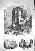 Original Old Antique Print 1871 War France Ruins Library Strasbourg Meudon 19th