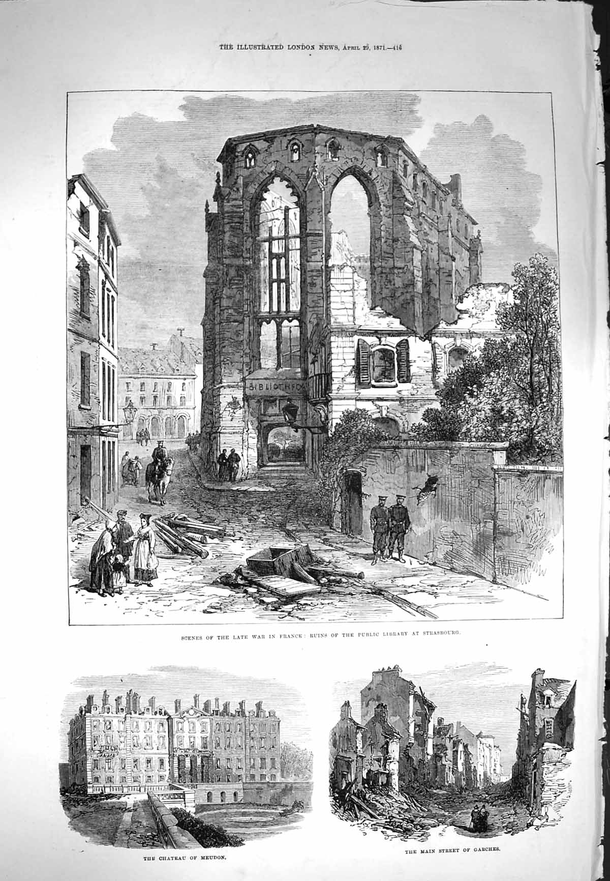 Original Old Antique Print 1871 War France Ruins Library Strasbourg Meudon 19th