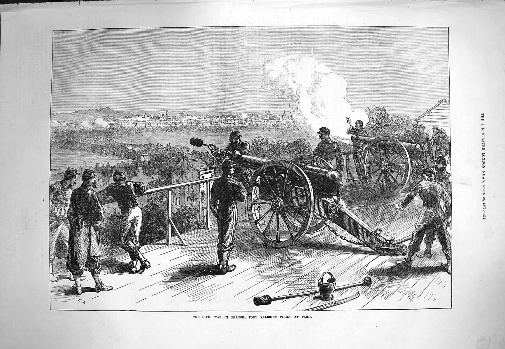 Old Antique Print 1871 Civil War France Fort Valerien Firing Paris Canon 19th