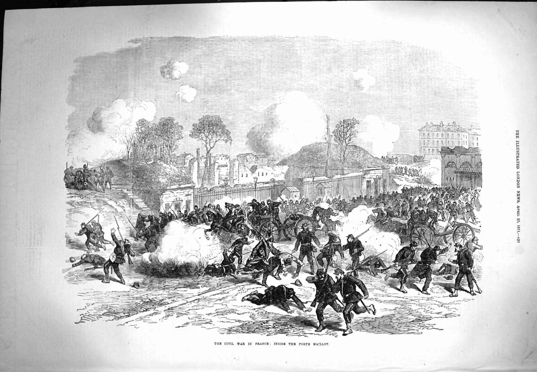 Original Old Antique Print 1871 Civil War France Scene Inside Porte Maillot
