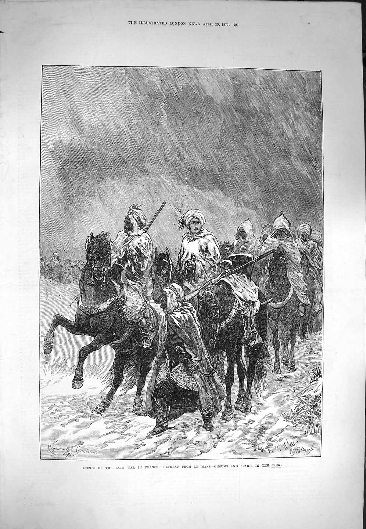 Original Old Antique Print 1871 War France Retreat Le Mans Ghoums Spahis Snow