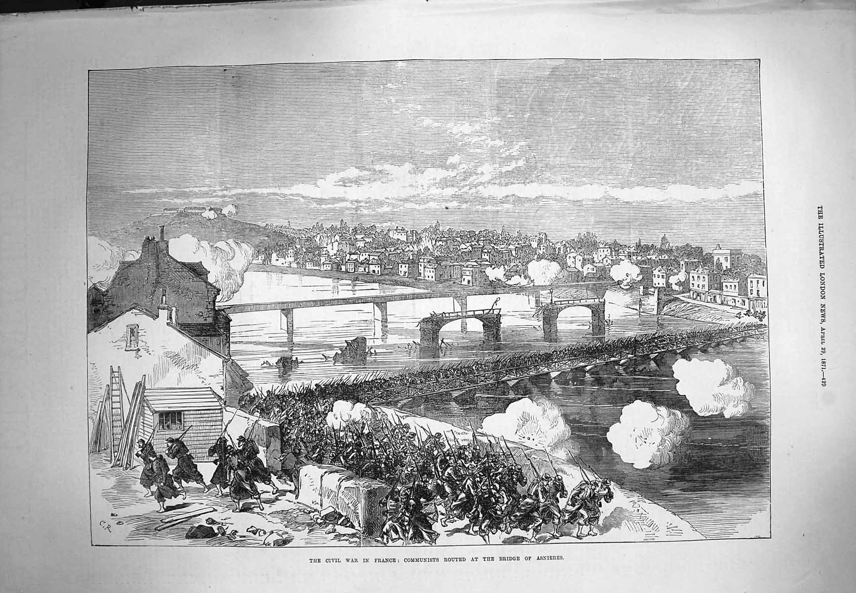 Antique Print *3964 1871 Civil War France Communists Bridge Asnieres River