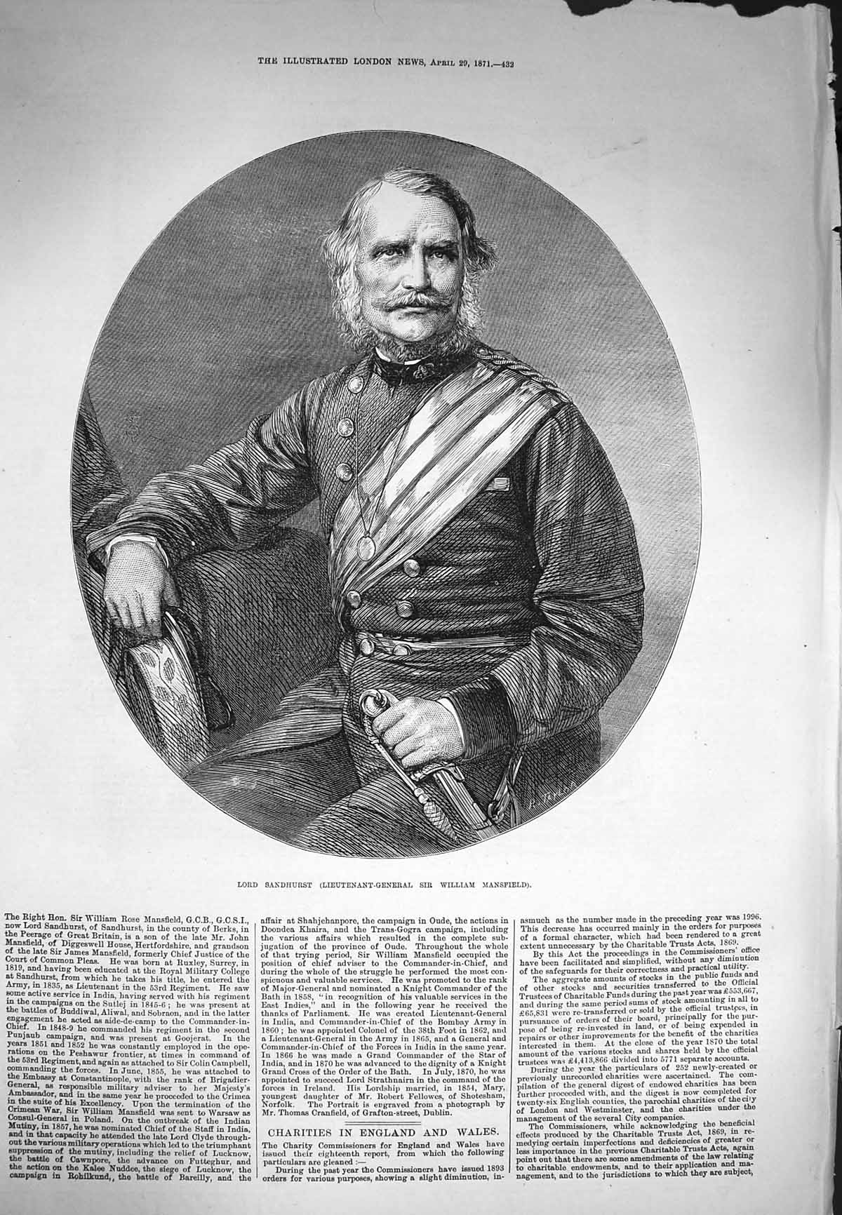 Original Old Antique Print 1871 Sandhurst Lieutenant-General William Mansfield