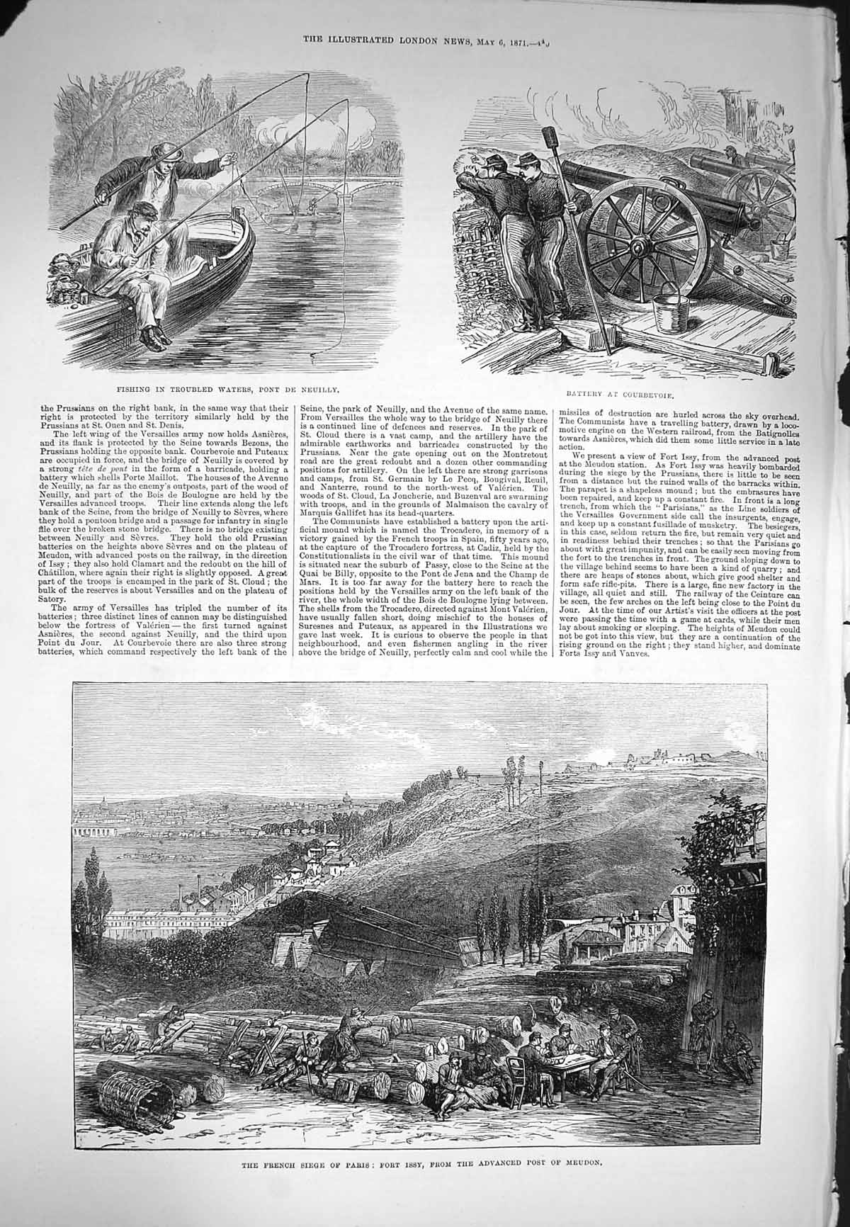 Original Old Antique Print 1871 Fort Issy Post Meudon Paris Battery Courbevoie