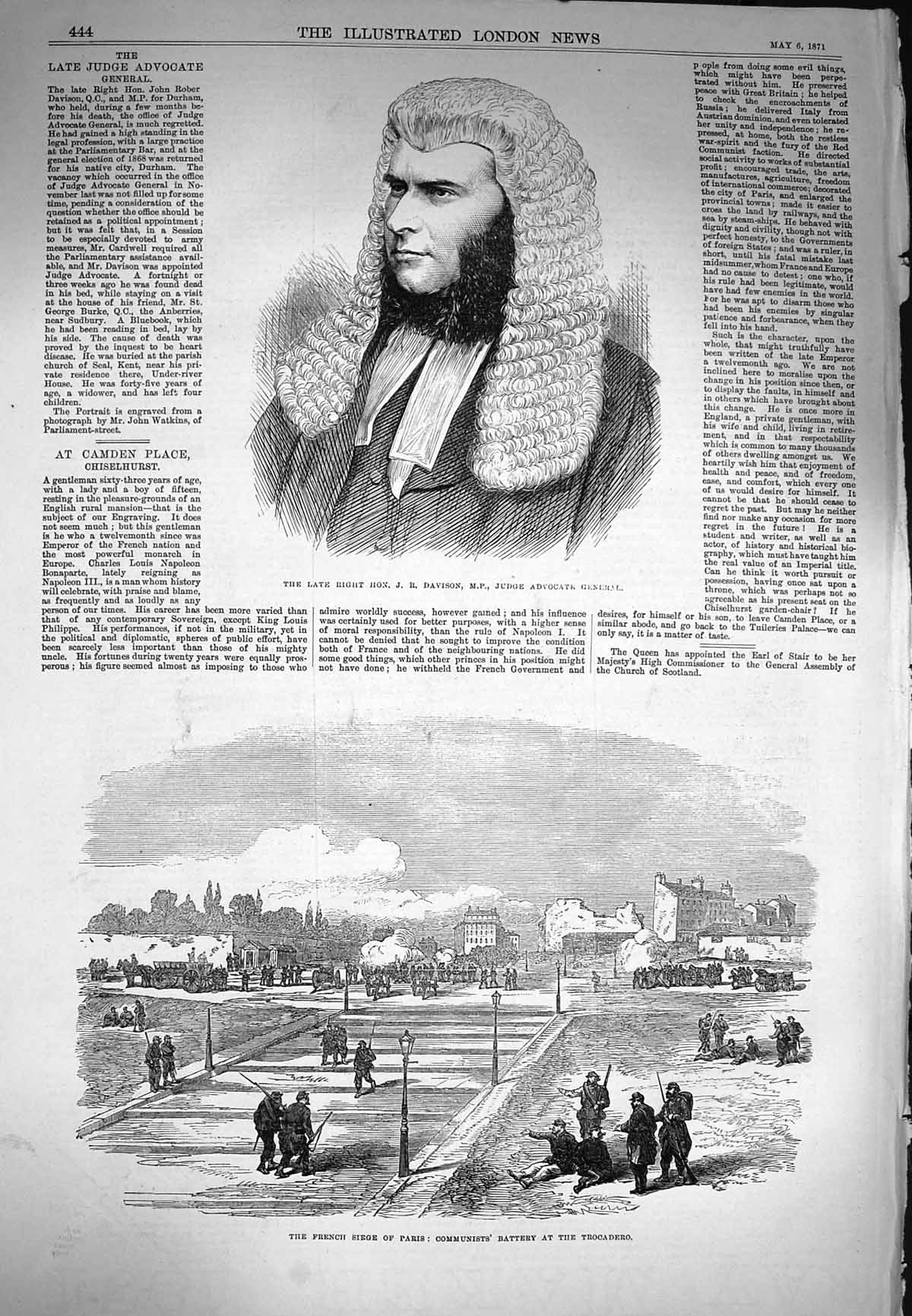 Old Antique Print 1871 Judge Advocate General Davison Battery Trocadero 19th
