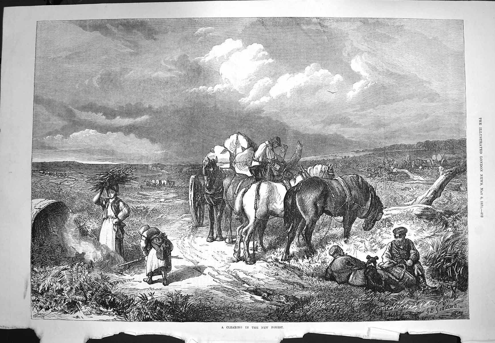 Original Old Antique Print 1871 Clearing New Forest Horses Agriculture Logs