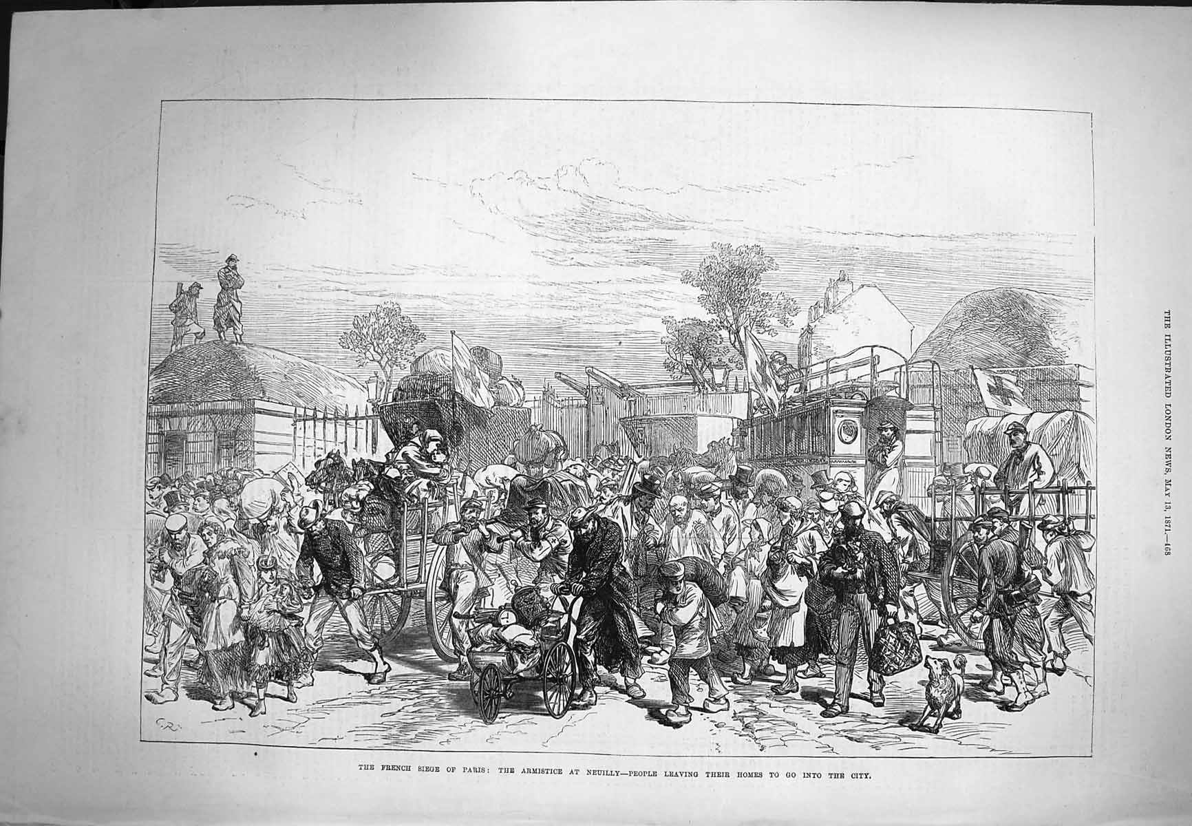 Original Old Antique Print 1871 French Siege Paris Armistice Neuilly Transport