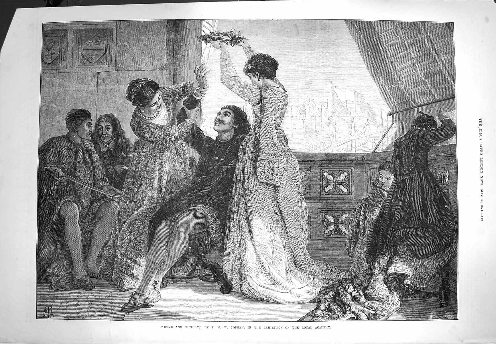 Original Old Antique Print 1871 Home Victory Ladies Man Romance Scene Victorian