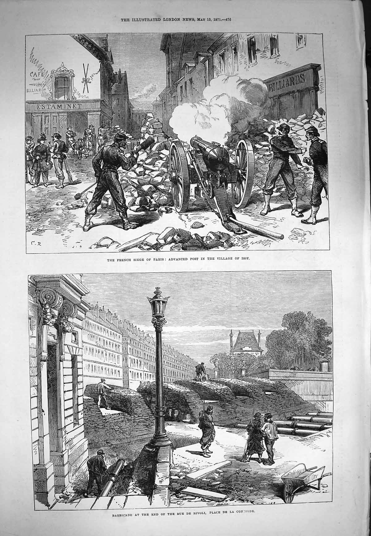 Original Old Antique Print 1871 Barricade Rue Rivoli Place Concorde Issy France