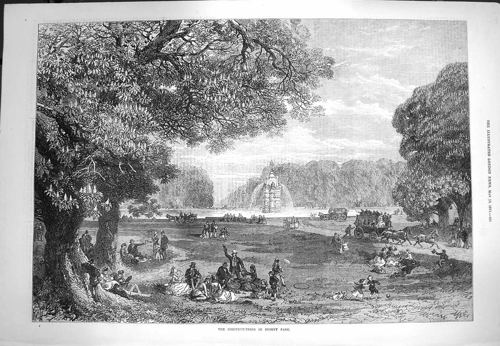 Original Old Antique Print 1871 Chestnut Trees Bushey Park Water Fountain 19th