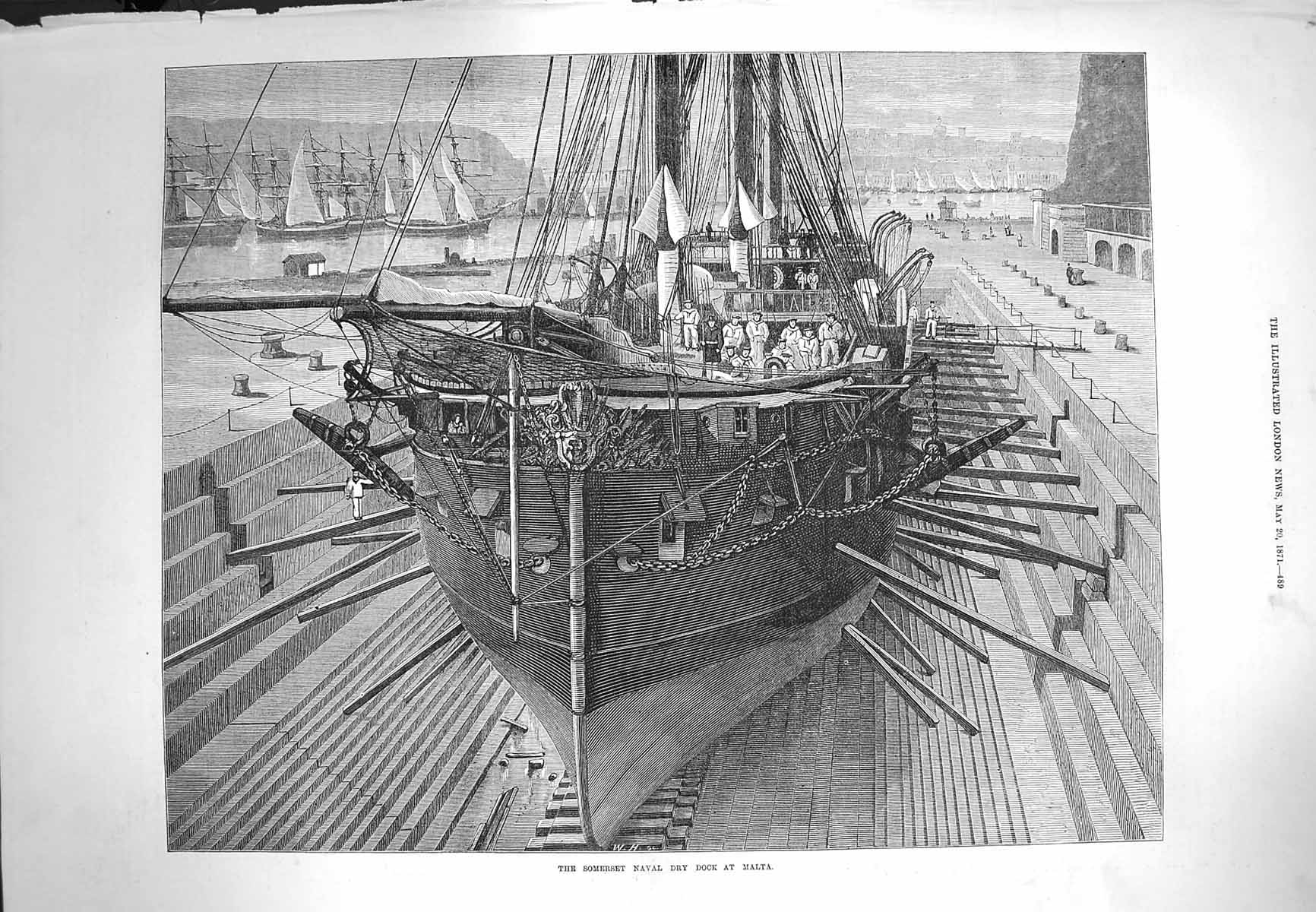Original Old Antique Print 1871 Somerset Naval Dry Dock Malta Ship Fine Art
